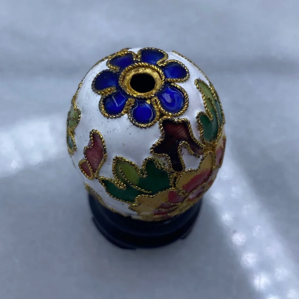 Cloisonne Enamel Floral Miniature Decorative Egg White Red Gold Stand Art Easter